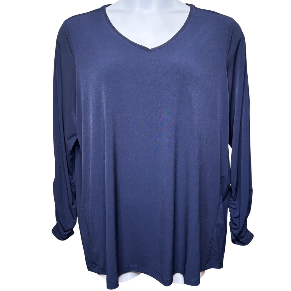 SUSAN GRAVER Navy Blue Liquid Knit V-Neck Tunic Top 1X Ruched Sleeve Office Wear